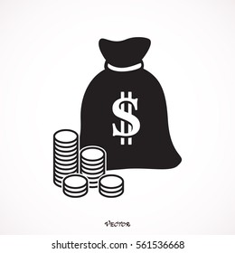 Stack of coins, money bag. Icon Isolated on White Background
