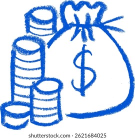 Stack Of Coins And Money Bag Money Related Icon Crayon Chalk Drawing Vector