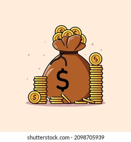 Stack of coins and money bag, Saving money illustration