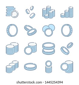 Stack of coins, Money and Currency related blue line colored icons.