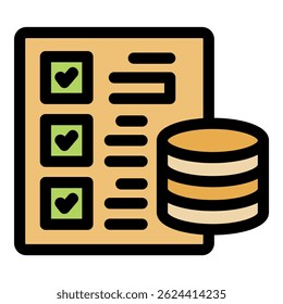 Pilha de moedas perto da lista de verificação com marcas de verificação que simbolizam transações financeiras bem-sucedidas e realizações de investimento