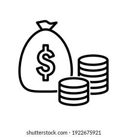 Stack of coins next to bag of dollars flat icon. Pictogram for web. Line stroke. Isolated on white background. Vector eps10