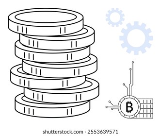 Stack of coins next to Bitcoin symbol and gears in background. Ideal for cryptocurrency, blockchain technology, digital finance, fintech, investment. Line art style