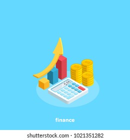 A stack of coins next to the calculator and an upward graph, an isometric image