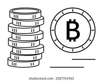 Stack of coins next to a single Bitcoin coin symbol, surrounded by minimalistic lines. Ideal for cryptocurrency, finance, investing, digital currency, blockchain, fintech, online transactions. Line