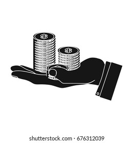 A stack of coins on his hand. E-commerce single icon in black style vector symbol stock illustration web.