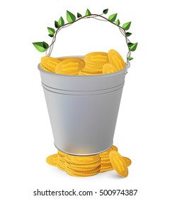 Stack of coins on steel bucket with small plant growing out of it. Investment And Interest Concept