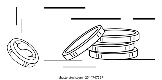 Pila de monedas con una moneda que cae. Ideal para finanzas, banca, moneda, ahorro, economía. Estilo de arte de líneas simples