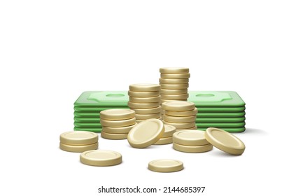 Stack of coins and paper currency 3d render. Realistic money in cartoon style. Vector illustration