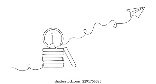 Stack of coins with paper plane in one continuous line drawing. Startup business idea concept in simple linear style. Editable stroke. Doodle vector illustration - Shutterstock ID 2291756325