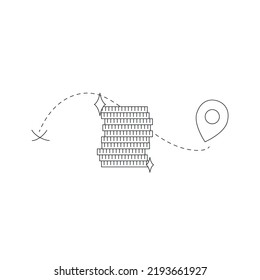 A stack of coins and a path of travel. Accumulating money for a trip. Money concept. Business finance investment. Vector stock illustration isolated on white background in outline style.