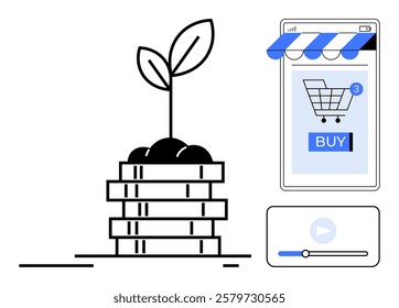 Stack of coins with plant symbolizing growth alongside a smartphone with an online shopping cart under a blue awning, buy button and notification icon. Ideal for online business, e-commerce, growth