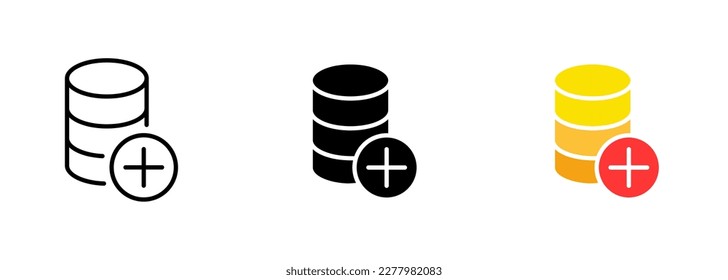 A stack of coins with a plus sign icon, representing an increase in value or addition of funds. Vector set of icons in line, black and colorful styles isolated.