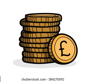 Stack of Coins (Pound Sterling), a hand drawn vector illustration of a stack of gold coins with Pound Sterling currency sign on it.