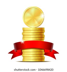 Stack of coins with red ribbon. Concept of pecuniary profit, finance success or presents. Vector illustration isolated on white background