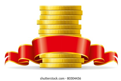 Stack of coins with a red ribbon. Concept of pecuniary profit.