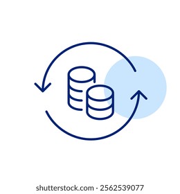 Stack of coins and renew arrows. Profits reinvestment, financial prosperity, recurring monetary growth. Pixel perfect, editable stroke icon