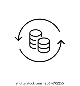 Stack of coins and renew arrows. Profits reinvestment, financial prosperity, recurring monetary growth. Pixel perfect vector icon