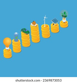 Stack of coins with renewable energy 3d vector concept for banner, website, illustration, landing page, flyer, etc