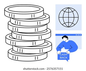 Stack of coins represents financial earnings. Globe symbolizes global connectivity. Individual holding cash back indicates savings. Ideal for finance technology savings investment global-commerce