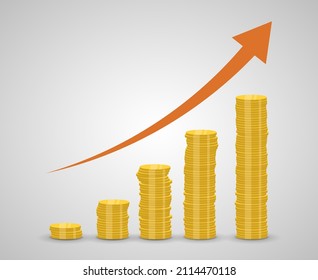 Stack of coins rising and arrow - concept of money growth and investment