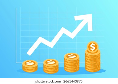 Pila de monedas con gráfico de ganancias en aumento
