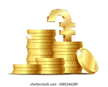 Stack of coins with Shiny golden Armenian dram currency symbol. Vector illustration isolated on white background.