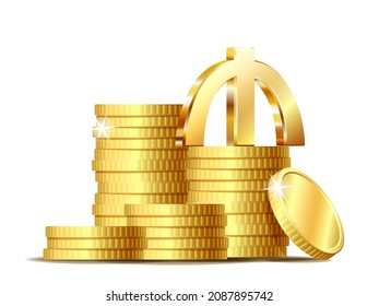 Stack of coins with Shiny golden Azerbaijani manat Sign currency symbol. Vector illustration isolated on white background.