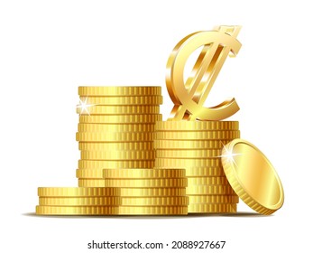 Pila de monedas con símbolo de moneda de signo dorado brillante costarricense y salvadoreño. Ilustración vectorial aislada en fondo blanco.