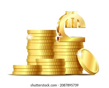 Stack of coins with Shiny golden Georgian lari Sign currency symbol. Vector illustration isolated on white background.