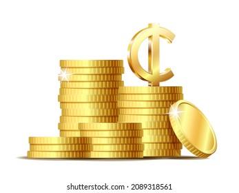 Stack of coins with Shiny golden Ghana Cedi Sign currency symbol. Vector illustration isolated on white background.