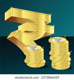 Pila de monedas con brillantes rupias indias doradas, símbolo de moneda. Ilustración vectorial aislada en fondo blanco.
