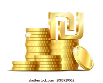 Stack of coins with Shiny golden Israeli shekel Sign currency symbol. Vector illustration isolated on white background.