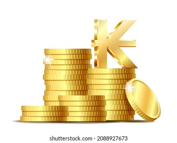 Stack of coins with Shiny golden Laos kip Sign currency symbol. Vector illustration isolated on white background.
