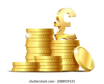 Stapel von Münzen mit glänzendem goldenem Pfund Zeichen-Währungssymbol. Vektorgrafik einzeln auf weißem Hintergrund.
