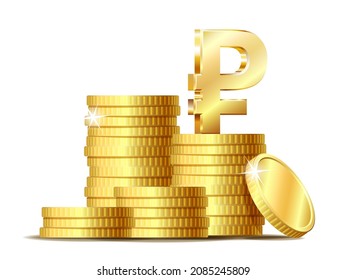 Stack of coins with Shiny golden Russian Ruble currency symbol. Vector illustration isolated on white background.