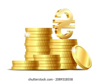 Stack of coins with Shiny golden Ukrainian Hryvnia Sign currency symbol. Vector illustration isolated on white background.