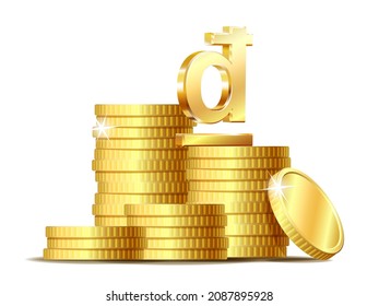 Stack of coins with Shiny golden Vietnamese Dong Sign currency symbol. Vector illustration isolated on white background.