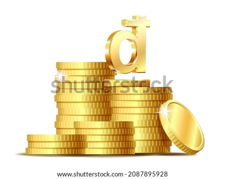 Stack of coins with Shiny golden Vietnamese Dong Sign currency symbol. Vector illustration isolated on white background.