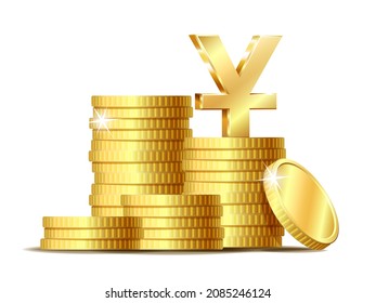 Stack of coins with Shiny golden Yuan currency symbol. Vector illustration isolated on white background.