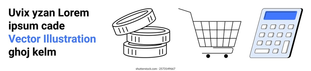 Stack of coins, a shopping cart, and a calculator in minimalistic style. Ideal for finance, online shopping, budgeting, e-commerce, and financial planning. Banner for landing page