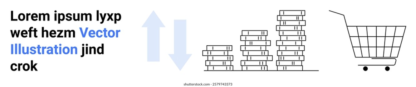 Stack of coins and a shopping cart symbolize financial growth and retail success. Ideal for economic trends business development e-commerce marketing strategies financial analysis. Banner for landing