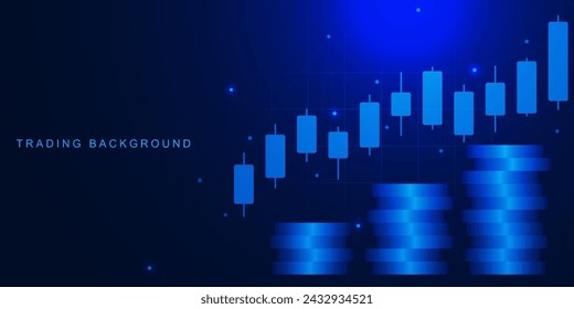 Stack of coins with stock market chart graph. Investment and analysis money profits. Business finance and forex trading concept on dark blue background. Vector illustration.