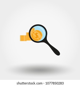 Stack of coins under magnifying glass. Icon for web and mobile application. Vector illustration on a white background. Flat design style.