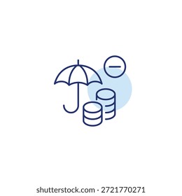 Pilha de moedas sob guarda-chuva e menos. Proteção financeira cancelada, economia indisponível. Pixel perfeito, ícone de vetor de traçado editável