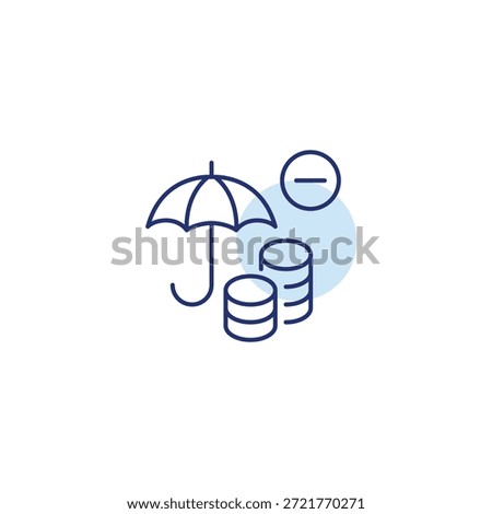 Stack of coins under umbrella and minus. Financial protection cancelled, savings unavailable. Pixel perfect, editable stroke vector icon