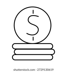 Stack of coins. Coins white with black outline. Dollar sign on the top coin. Black white linear icon illustration.