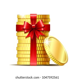 Stack of coins wrapped with red ribbon and gift bow. Concept of pecuniary profit, finance success or presents. Vector illustration isolated on white backgr