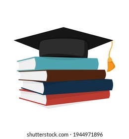 Stack of color books. Vector illustration. A pile of books with a square graduation hat at the top. Education Concept