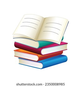 stack of colored books and an open book, pile of books vector illustration